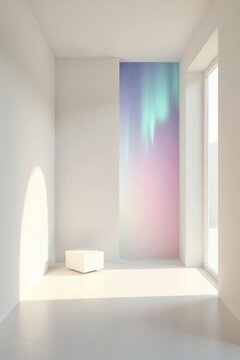 Minimalist interior design featuring a pastel aurora borealis wall mural and a simple, light-colored pedestal