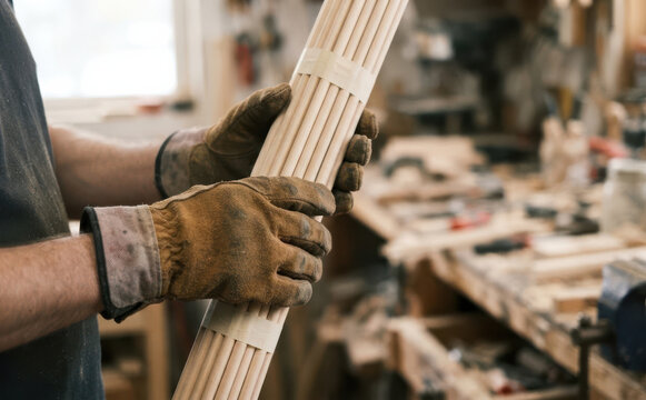 Male carpenter holding bundle of wooden dowels in workshop wearing protective gloves