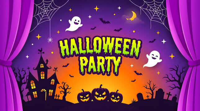 Halloween party invitation banner with spooky haunted house pumpkins