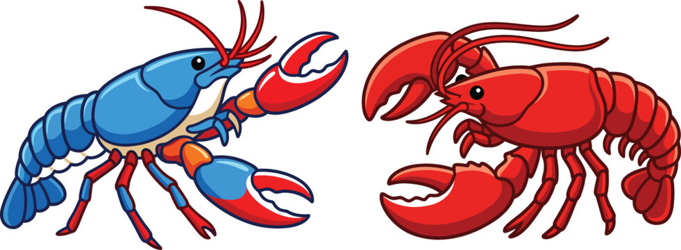 Cute cartoon lobster and blue crayfish vector illustration set featuring marine crustaceans with large claws isolated on a white background