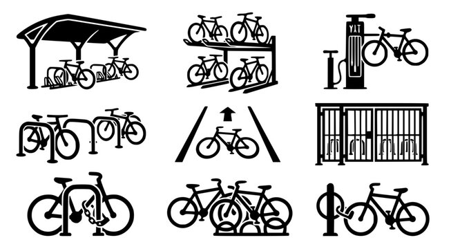 Bicycle parking and infrastructure icons featuring bike racks and repair stations as a professional flat black vector set isolated on a white background for urban planning and cycling facilities