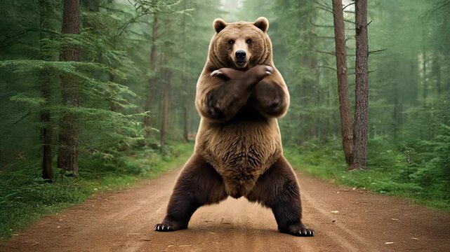 Funny brown bear dancing with crossed arms on a forest road