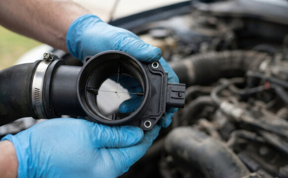 Mechanic holding a mass air flow sensor during engine maintenance and car repair in auto workshop