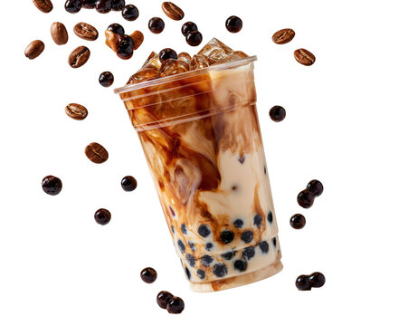 Tilted iced coffee boba tea with tapioca pearls isolated on transparent background