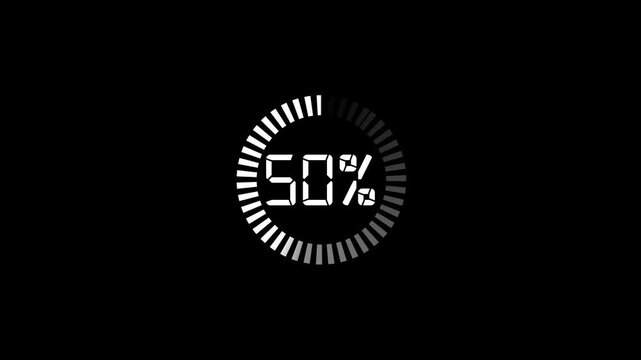 Monochrome segmented circular progress indicator displaying percentage completion with bright white radial bars fading into dark gray segments.