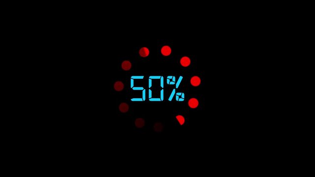 Red dotted circular progress indicator displaying 100 percent completion with bright active dots surrounding blue digital percentage text on black.