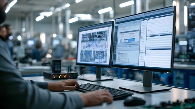Person working at dual computer monitors in a modern industrial control room with technical schematics displayed