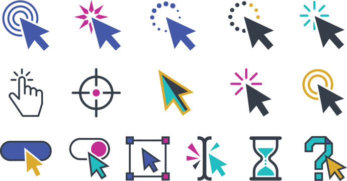Computer Mouse Cursor and Pointer Icon Set Featuring Web Interface Click Arrows Hand Gesture Loading Spinners Crosshair Hourglass and Selection Tool Vectors
