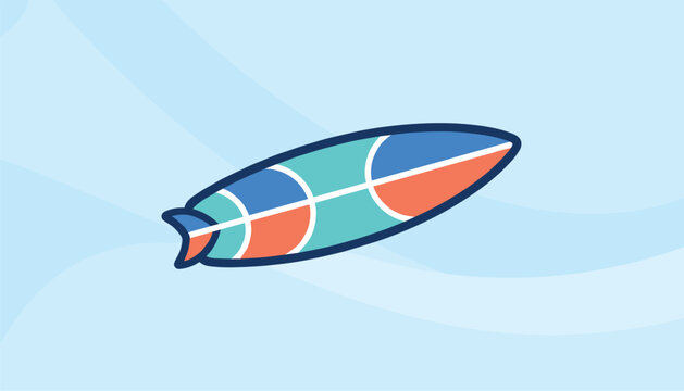 Stylized colorful surfboard with blue, orange, and turquoise patterns floating on a light blue wave background.
