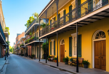 Fototapeta premium Tourism and travel destination, historic architecture with wrought iron balconies on a sunny street in the French Quarter of New Orleans in Louisiana