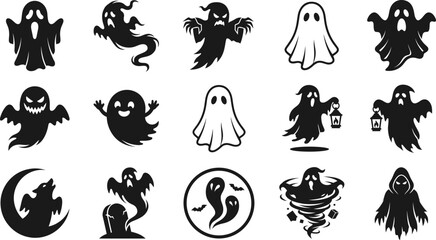 Fototapeta premium Spooky Halloween Ghost Silhouette Icon Set Featuring Creepy Phantoms Cute Apparitions Floating Spirits Lanterns and Haunted Grave Vector Elements