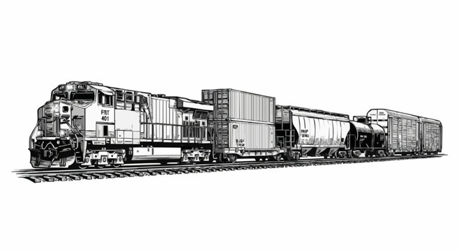 modern freight train locomotive with cargo cars vector illustration
