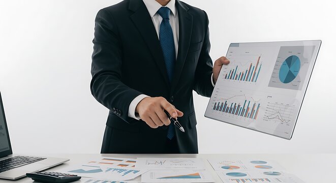 Business Professional Presents Data Driven Graphs in a Corporate Meeting Setting.