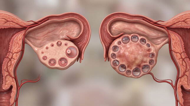3D medical model of polycystic ovaries with multiple follicles, illustrating PCOS, ovarian morphology, reproductive health, hormonal disorders, and gynecological medicine.