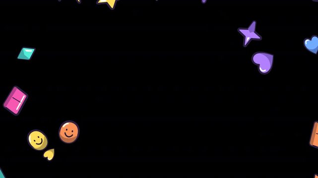 Colorful cartoon confetti bursts outward with stars, hearts and comic shapes. 6-second transparent motion graphic for birthdays, party videos, kids content, promos and social media.