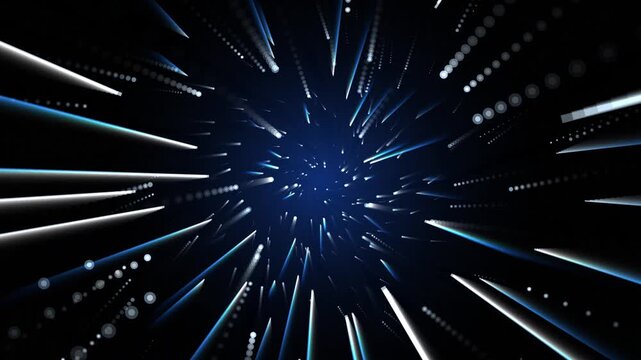Abstract hyperspace warp tunnel with glowing blue light streaks and particles