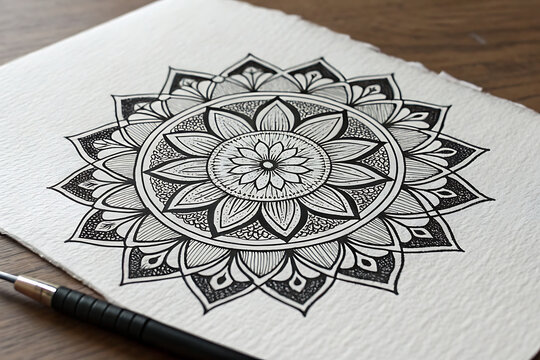 High-contrast mandala in black ink on white paper texture, hand-drawn effect