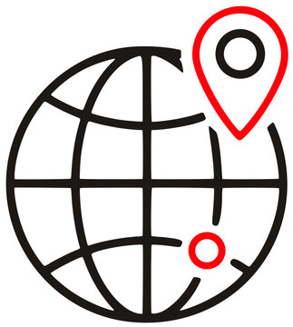 Global location icon black globe red pin for worldwide travel and mapping services.
