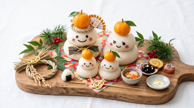 かわいい顔をあしらった鏡餅と正月飾りの新年の食卓