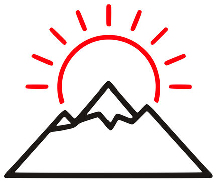 Mountain landscape icon red sunrise black peaks for outdoor adventures and nature.