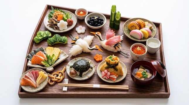 鶴の飾り寿司と縁起物を盛り付けた華やかな正月料理