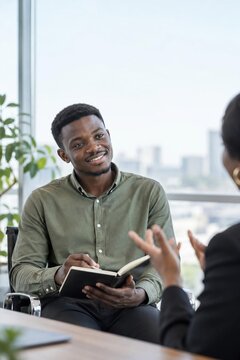 Smiling young black man with notebook listening to woman at job interview in bright modern office, recruitment