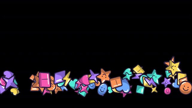 Colorful cartoon icons bounce and shower across the frame with stars, hearts and playful shapes. 6-second transparent animation for birthdays, kids videos, party promos and social media.