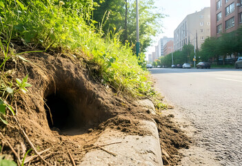 Fototapeta premium Urban wildlife and habitat loss, animal burrow in a roadside embankment near a city street with green grass and soil in a suburban environment