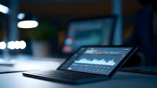 A sleek laptop displaying financial data charts on a modern desk under cool ambient lighting with blurred background elements
