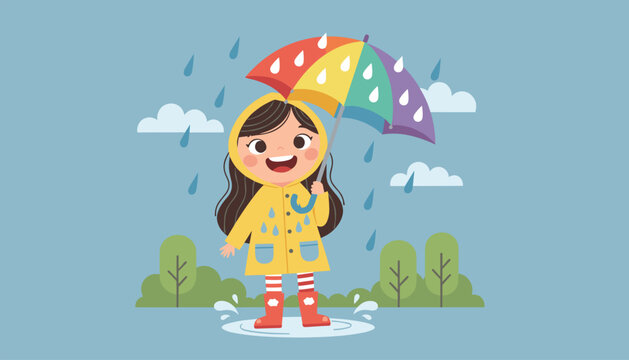 Adorable cartoon girl in yellow raincoat and red boots holding a colorful rainbow umbrella during a rainy day.