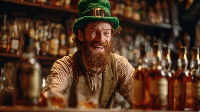 Bartender wearing a green hat serves whiskey in a traditional pub during Saint Patrick's Day celebration.