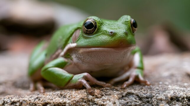 A vibrant green frog with large golden eyes sits calmly on a textured rock surface in a natural outdoor setting