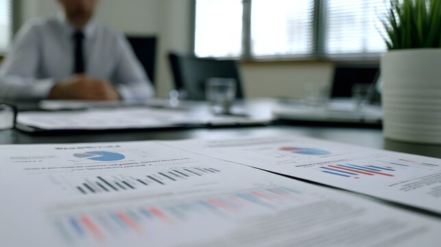 Business meeting room with printed charts and graphs on a conference table  person seated in background