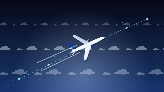 Digital airplane flying over pixel clouds with motion trail lines