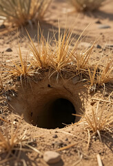 Fototapeta premium Desert wildlife habitat and animal burrow, deep hole in arid sandy ground with dry grass in a wilderness ecosystem for environmental conservation study