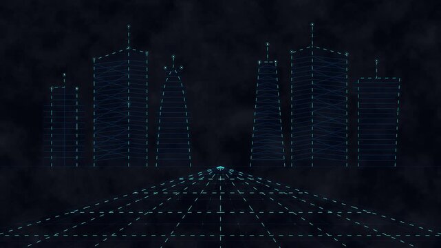 Digital city hologram hud motion graphic animation with glowing grid lines and cyber punk futuristic skyline
