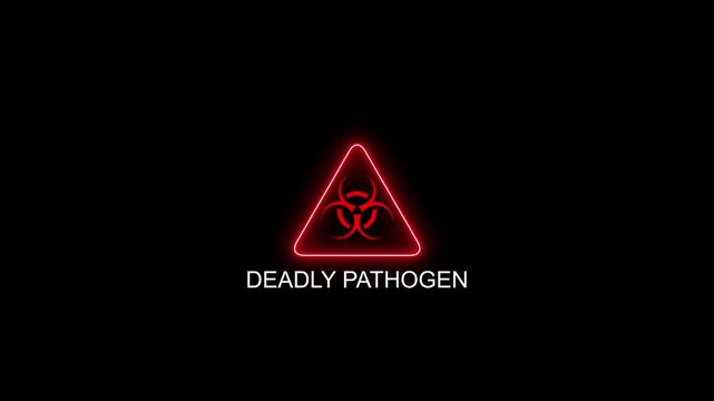 Deadly pathogen warning sign with glitch effect animation on black background, biohazard danger