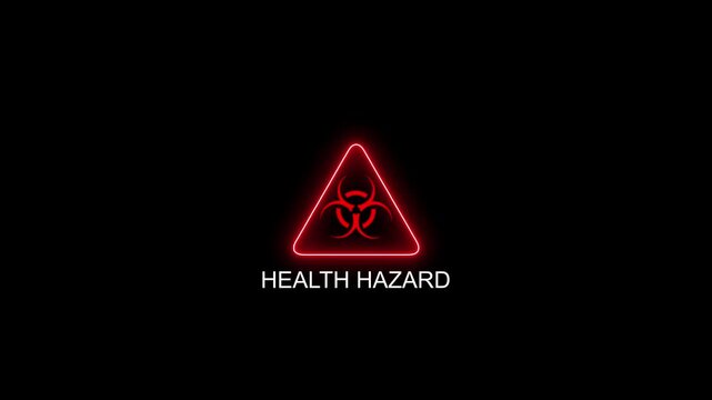 Health hazard warning sign with digital glitch effect, red neon biohazard symbol animation on black background