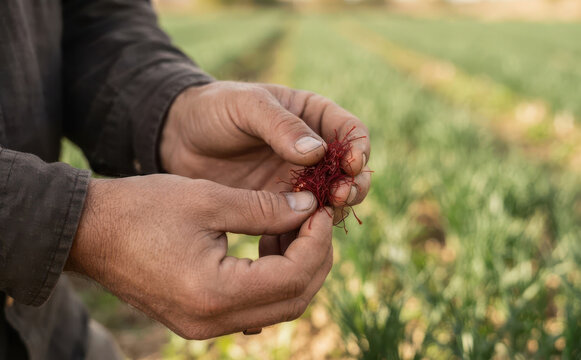 Middle-aged man holding harvested red saffron threads in hands in a field
