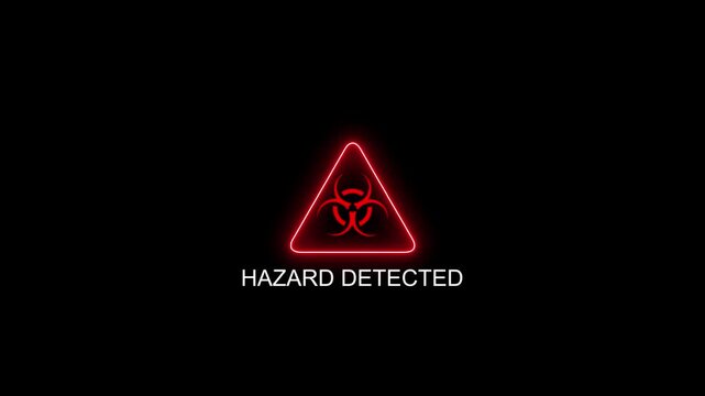 Red biohazard warning sign with digital glitch effect and hazard detected text animation symbol danger