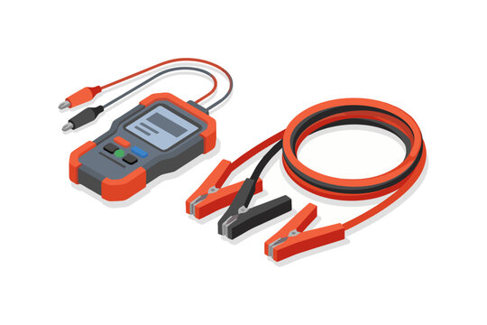  Car battery tester and jumper cables, simple automotive mechanic icon, isometric proportion, flat vector design, solid colors, clean shapes, isolated white background