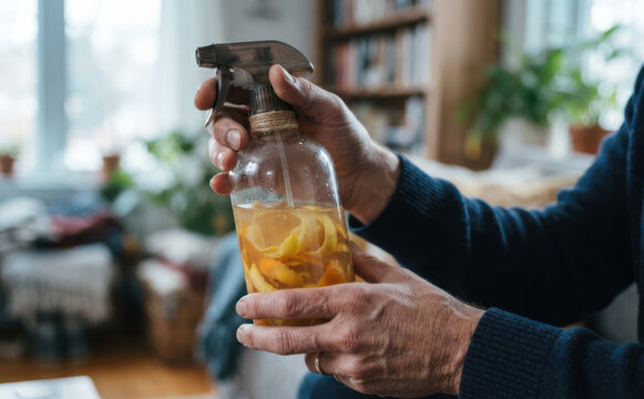 Elderly man holding a homemade natural citrus cleaner spray bottle infused with orange peels