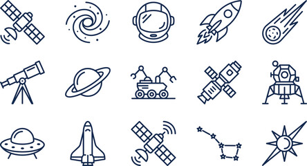 Space Exploration and Astronomy Line Icon Set Featuring Rocket Satellite Astronaut Helmet Telescope Planet Rover UFO and Constellation Design Symbols © Faima