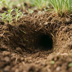 Fototapeta premium Wildlife habitat and nature conservation, small animal burrow entrance in dark soil with green grass and roots in a natural forest environment