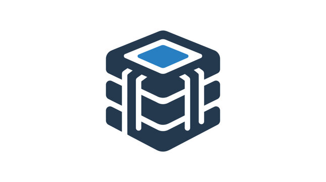 Modern database server logo vector icon featuring blue and dark grey stacked layers