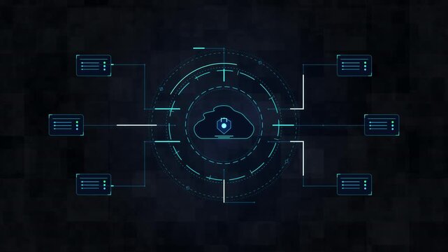 Digital cloud security HUD animation and cyber technology network interface