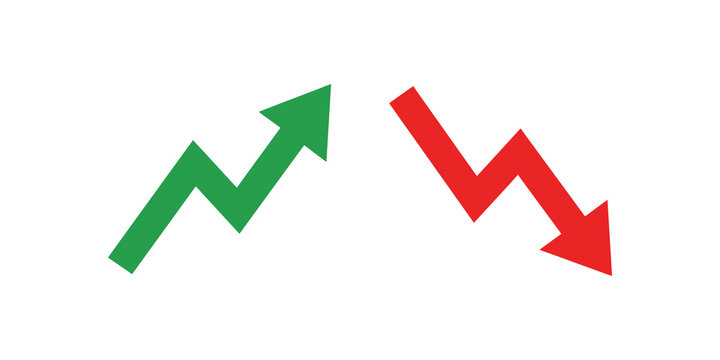 Green up arrow and red down arrow icons showing financial market trends.