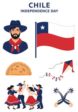 An infographic titled CHILE INDEPENDENCE DAY featuring a Chilean huaso the national flag an empanada a kite cueca dancers and spurs