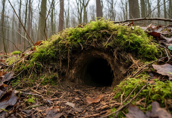 Fototapeta premium Wildlife habitat and nature conservation, animal burrow entrance in a mossy forest floor with autumn leaves and dark underground tunnel for wild animals