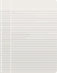 Fototapeta premium Blank lined notebook paper illustration with margin and binder holes, clean white background design symbolizing writing, note-taking, and organization
